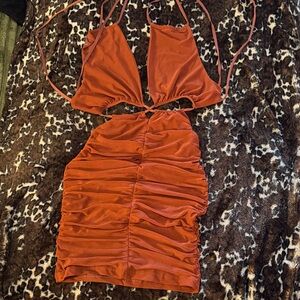 Rust Orange Mesh Ruched Halter tie up in the back mini Dress 🌅🛳️